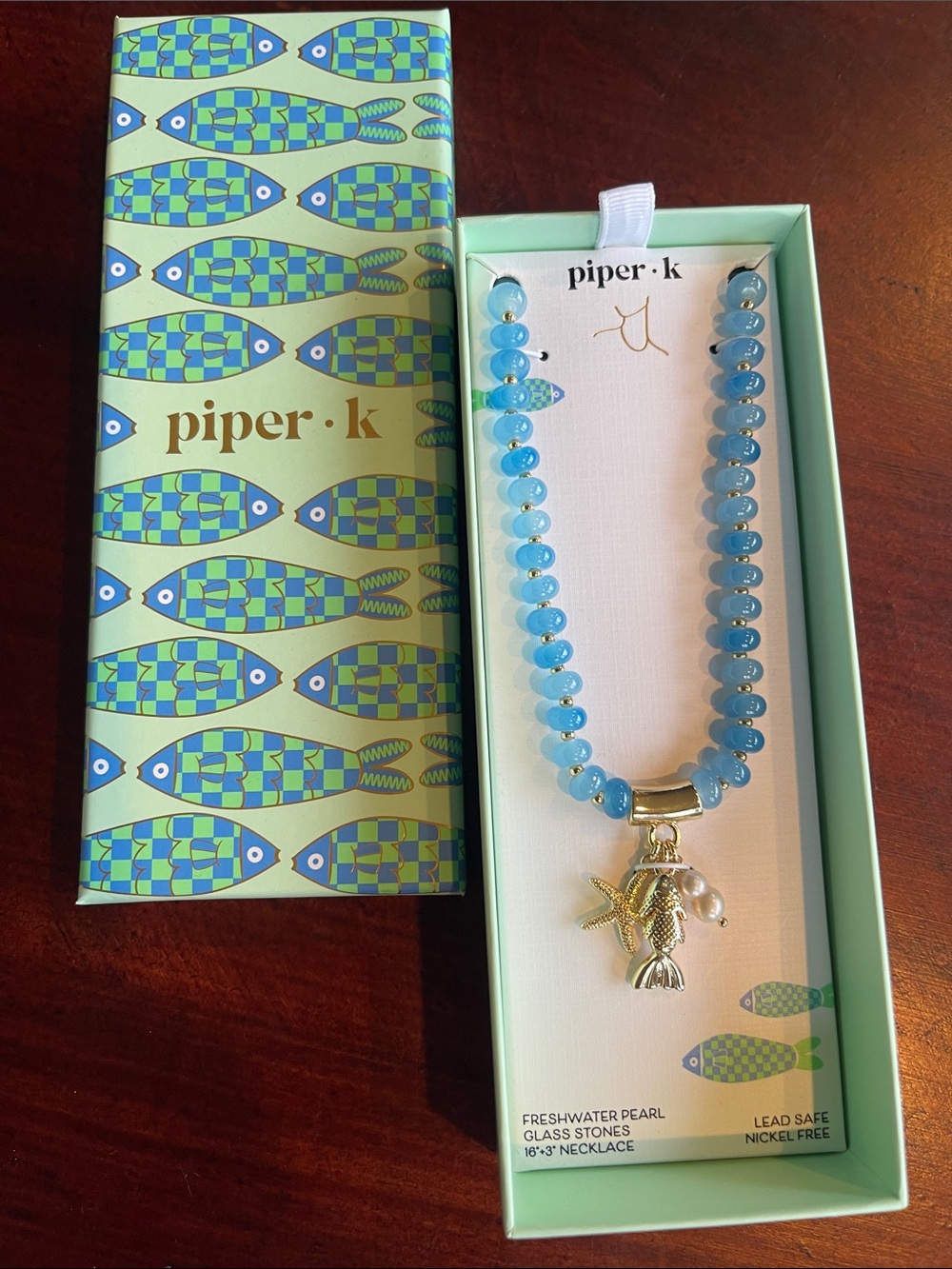 Piper·k Blue Beaded Charm Necklace with Gold Sea Charms starfish, fish, pearl